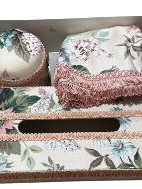 Vintage Romantic MCM Floral Dressing Set Tissue Box Cover Tin & Fringed Lamp Ski